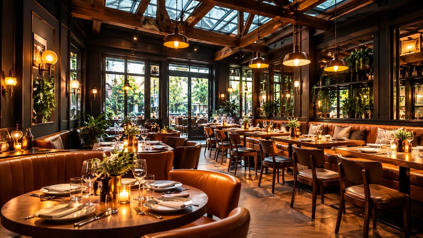 A contemporary restaurant dining room with set tables and soft ambient light.