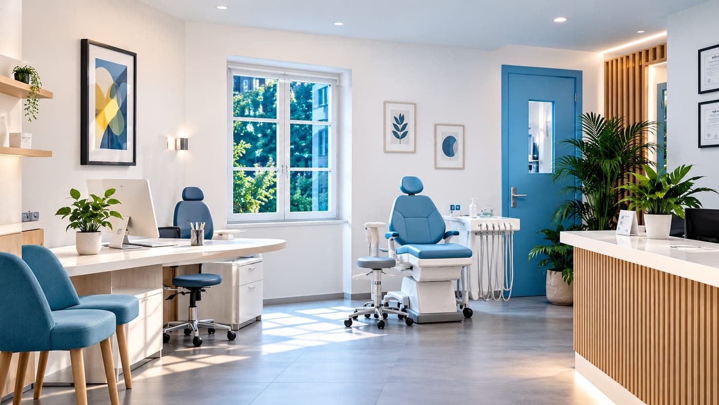 A bright dental clinic treatment room with modern chairs and clean finishes.