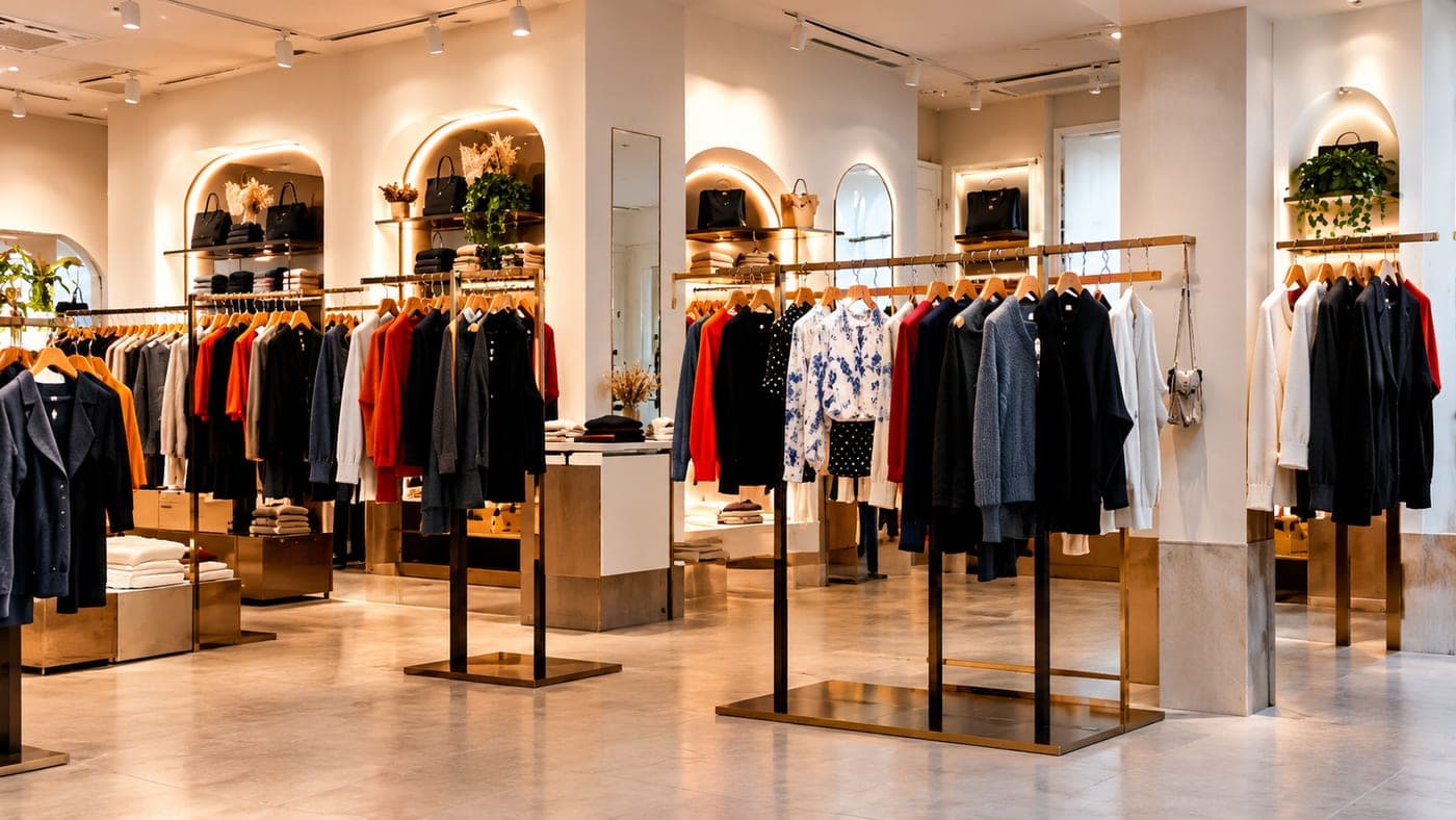 A modern boutique store interior with apparel displays and warm lighting.